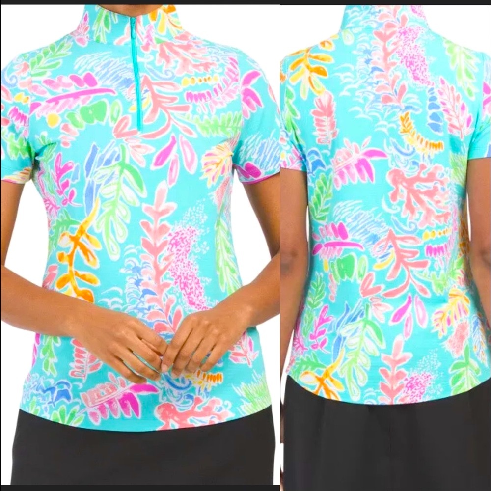 IBKUL top size XS M Nessa Seafoam Teal Turquoise Coral Graphic Tee Short Sleeve